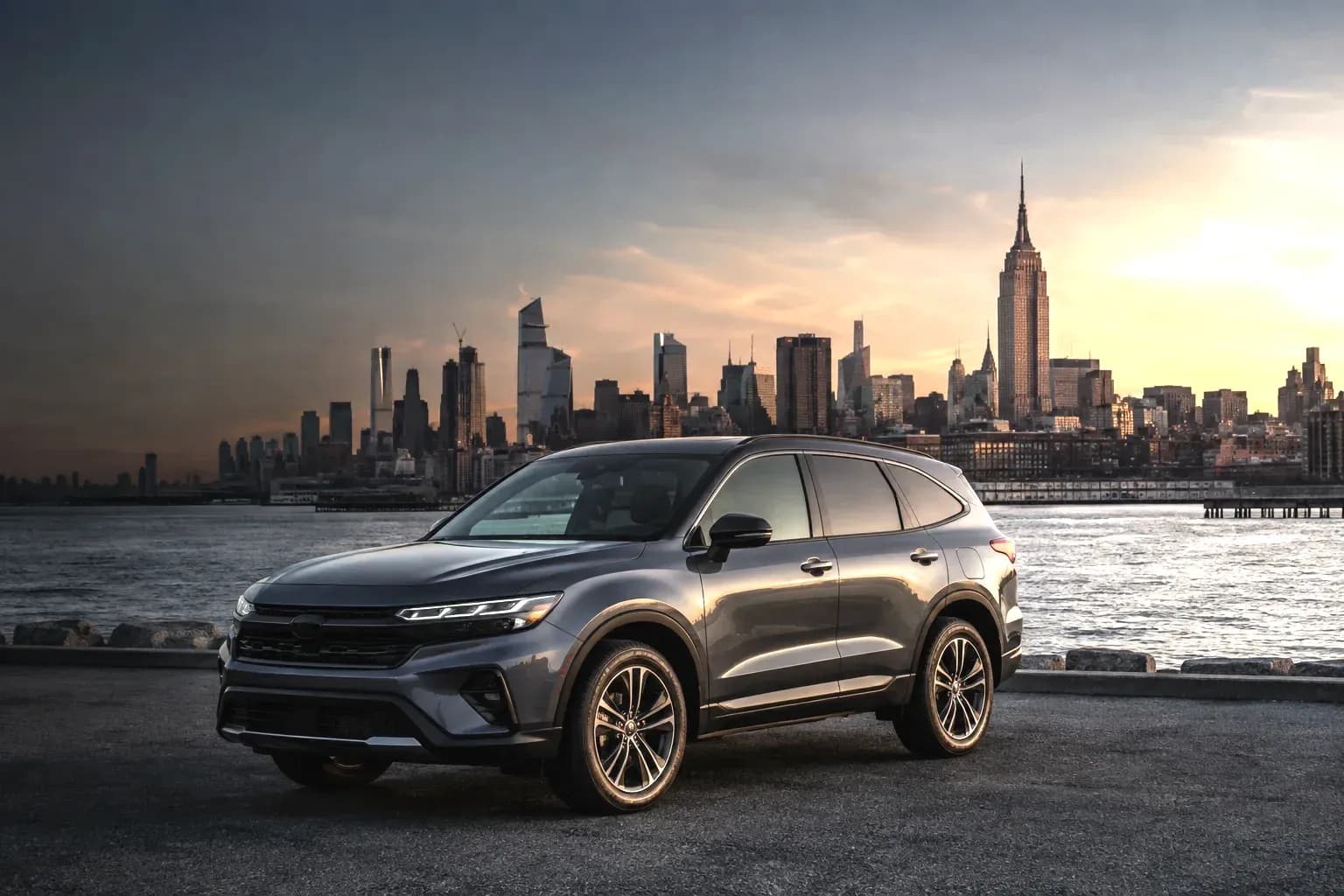 SUV de alquiler Gutori junto al perfil de la ciudad de Nueva York